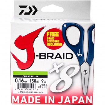 Шнур DAIWA J-Braid X8E-W/SC 0,16мм 150м chartreuse + ножницы
